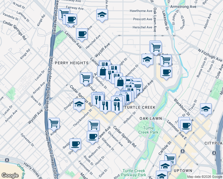 map of restaurants, bars, coffee shops, grocery stores, and more near 3917 Rawlins Street in Dallas