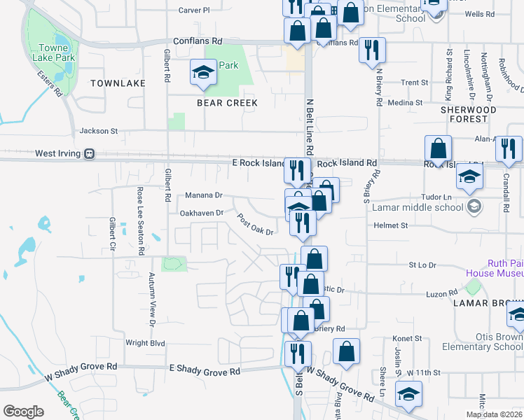 map of restaurants, bars, coffee shops, grocery stores, and more near 404 Oakview Drive in Grand Prairie