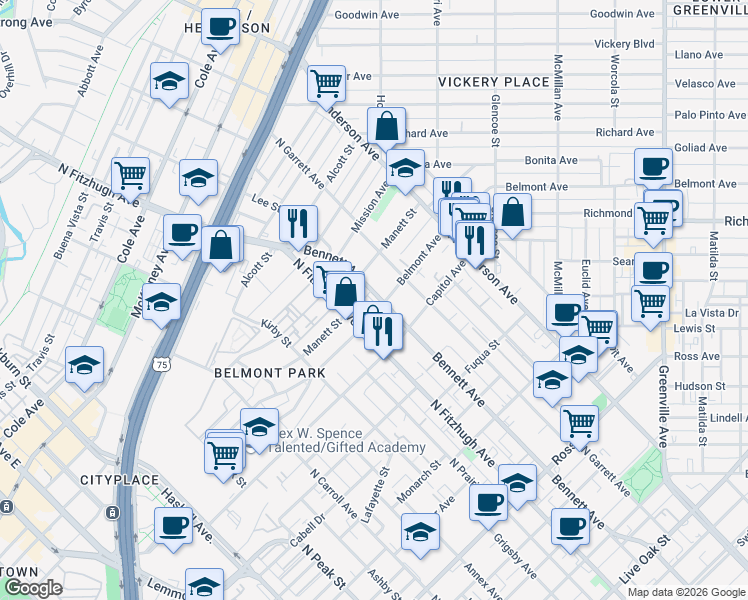 map of restaurants, bars, coffee shops, grocery stores, and more near 2500 North Fitzhugh Avenue in Dallas