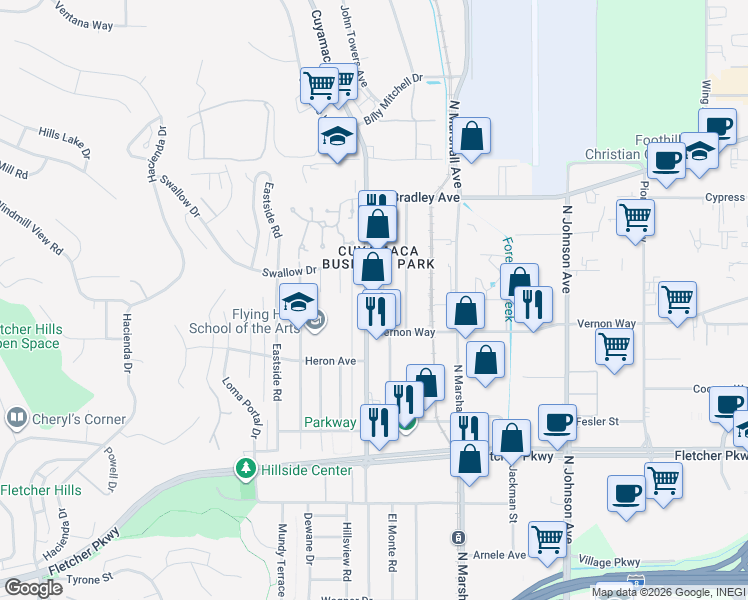 map of restaurants, bars, coffee shops, grocery stores, and more near 1331 N Cuyamaca St in El Cajon