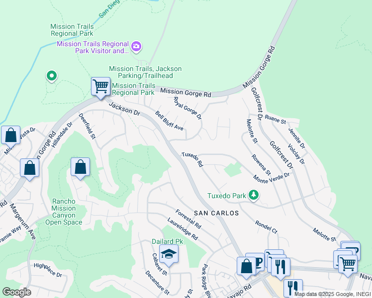 map of restaurants, bars, coffee shops, grocery stores, and more near 6626 Tuxedo Road in San Diego