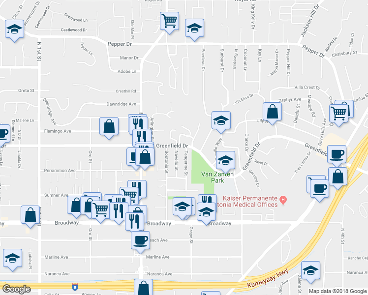 map of restaurants, bars, coffee shops, grocery stores, and more near 1255 Navello Street in El Cajon