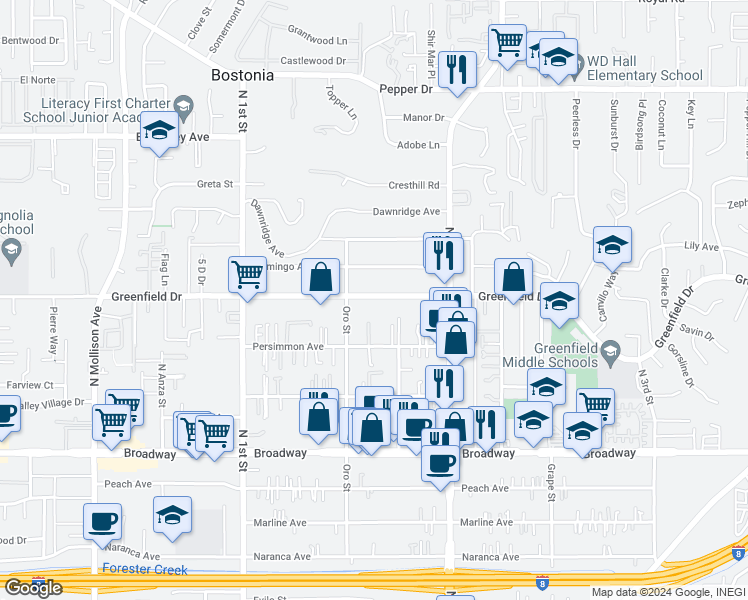 map of restaurants, bars, coffee shops, grocery stores, and more near 1235 Greenfield Drive in El Cajon