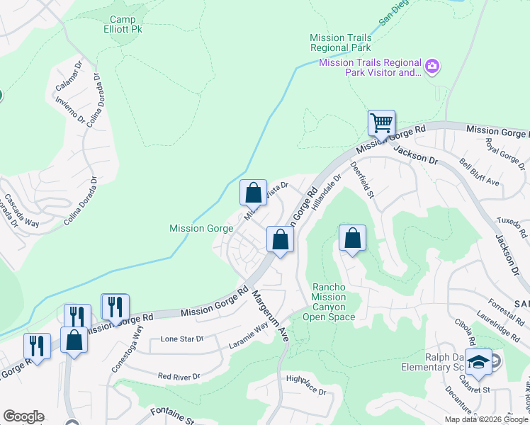 map of restaurants, bars, coffee shops, grocery stores, and more near 3664 Mission Montana Drive in San Diego