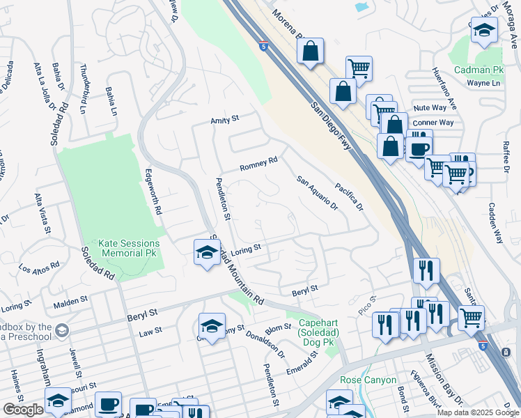 map of restaurants, bars, coffee shops, grocery stores, and more near 2404 Loring Street in San Diego