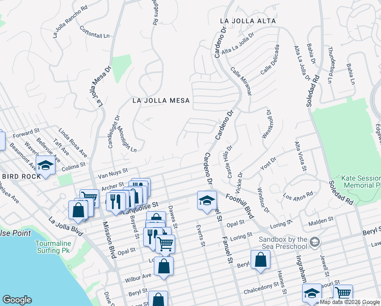 map of restaurants, bars, coffee shops, grocery stores, and more near 1214 Archer Street in San Diego