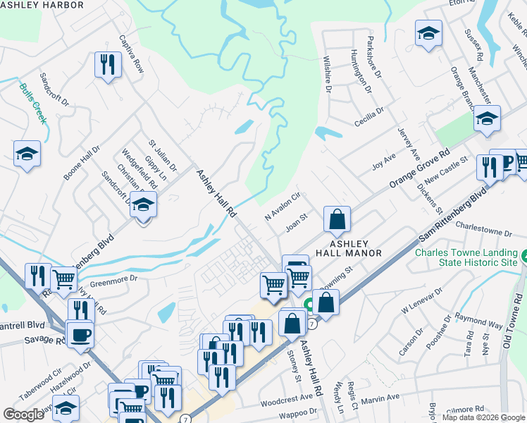 map of restaurants, bars, coffee shops, grocery stores, and more near 1739 West Avalon Circle in Charleston