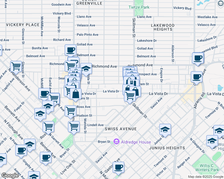 map of restaurants, bars, coffee shops, grocery stores, and more near 5945 Lewis Street in Dallas
