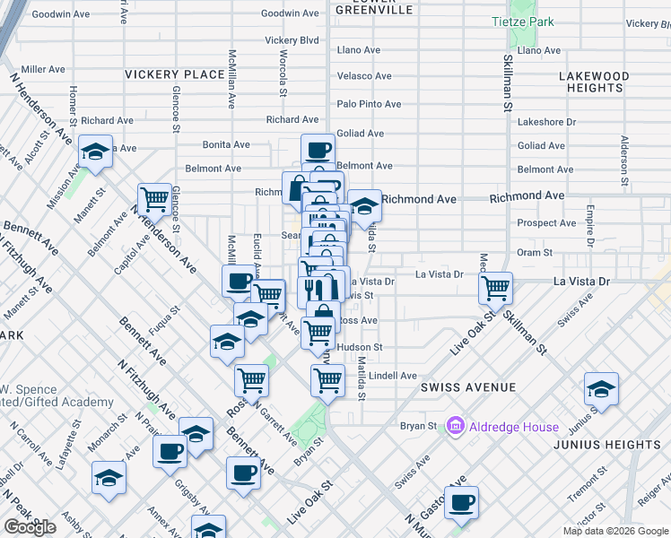 map of restaurants, bars, coffee shops, grocery stores, and more near 5511 Hope Street in Dallas