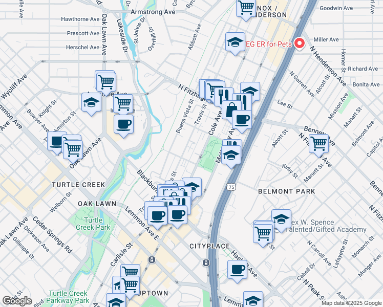 map of restaurants, bars, coffee shops, grocery stores, and more near 3963 Cole Avenue in Dallas