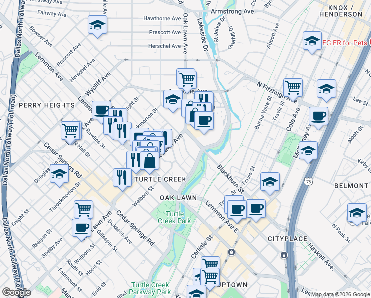 map of restaurants, bars, coffee shops, grocery stores, and more near 3702 Holland Avenue in Dallas