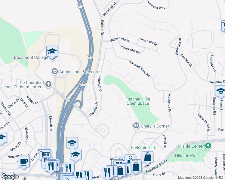 map of restaurants, bars, coffee shops, grocery stores, and more near 1286 Rippey Street in El Cajon