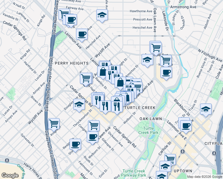 map of restaurants, bars, coffee shops, grocery stores, and more near 3917 Rawlins Street in Dallas