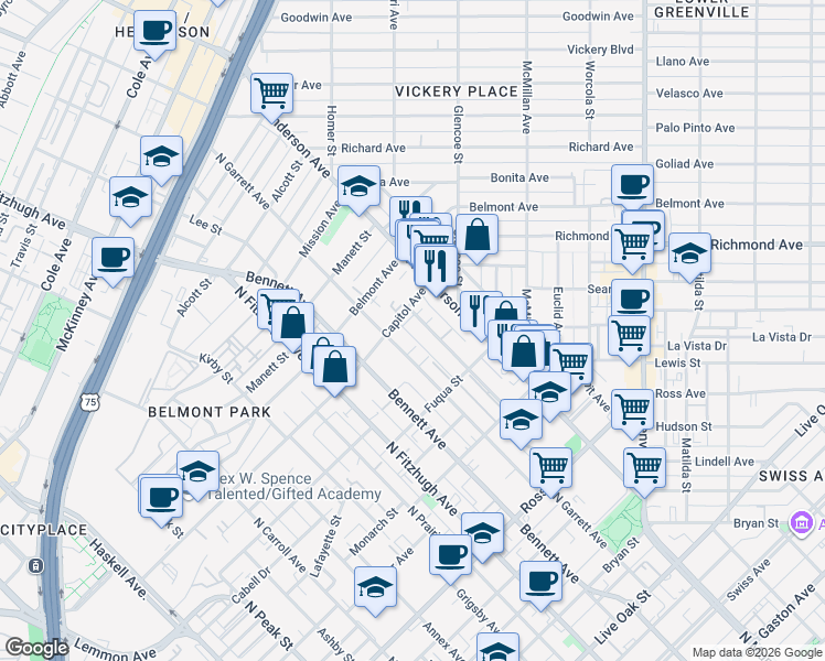 map of restaurants, bars, coffee shops, grocery stores, and more near 2315 Moser Avenue in Dallas