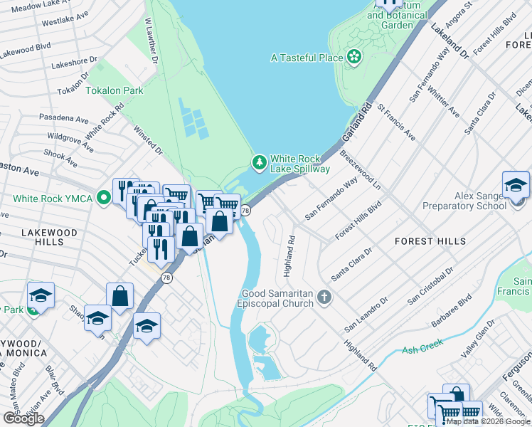 map of restaurants, bars, coffee shops, grocery stores, and more near 1244 Waterside Circle in Dallas