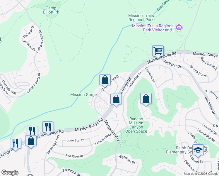 map of restaurants, bars, coffee shops, grocery stores, and more near 3664 Mission Montana Drive in San Diego