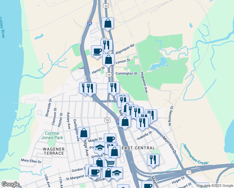 map of restaurants, bars, coffee shops, grocery stores, and more near 1300 Meeting Street Road in North Charleston