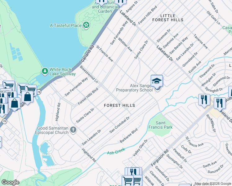 map of restaurants, bars, coffee shops, grocery stores, and more near 8310 Santa Clara Drive in Dallas