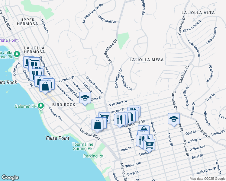 map of restaurants, bars, coffee shops, grocery stores, and more near 5416 Candlelight Drive in San Diego
