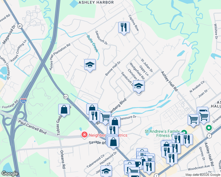 map of restaurants, bars, coffee shops, grocery stores, and more near 1836 Mepkin Road in Charleston