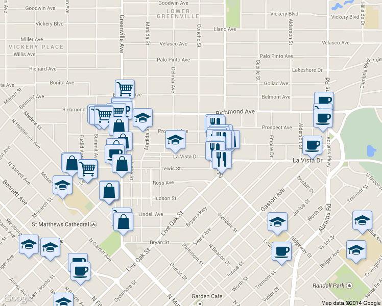map of restaurants, bars, coffee shops, grocery stores, and more near 5945 Lewis Street in Dallas