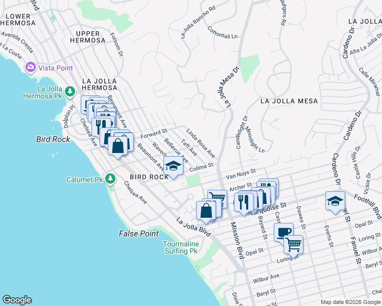 map of restaurants, bars, coffee shops, grocery stores, and more near 5456 Taft Avenue in San Diego