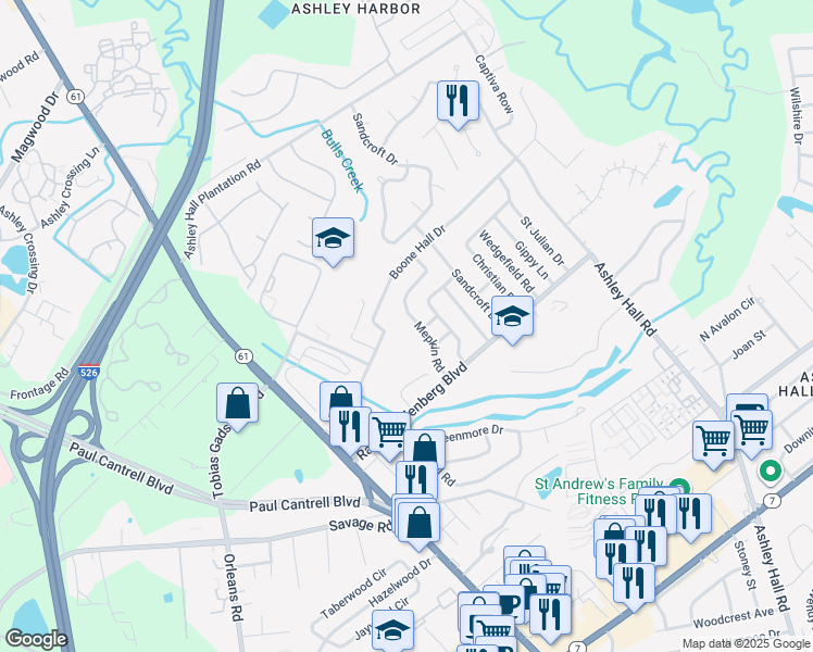 map of restaurants, bars, coffee shops, grocery stores, and more near 1721 Boone Hall Drive in Charleston