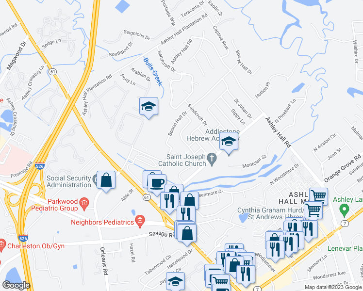 map of restaurants, bars, coffee shops, grocery stores, and more near 1721 Boone Hall Drive in Charleston