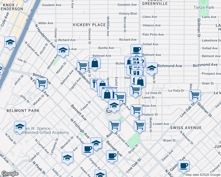 map of restaurants, bars, coffee shops, grocery stores, and more near 1917 Euclid Avenue in Dallas