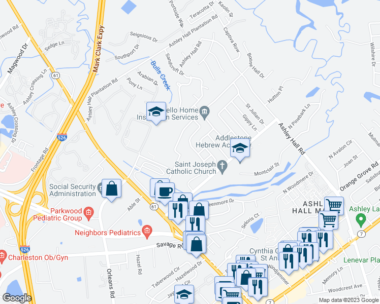 map of restaurants, bars, coffee shops, grocery stores, and more near 1820 Mepkin Road in Charleston