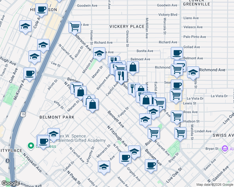 map of restaurants, bars, coffee shops, grocery stores, and more near 2318 Moser Avenue in Dallas