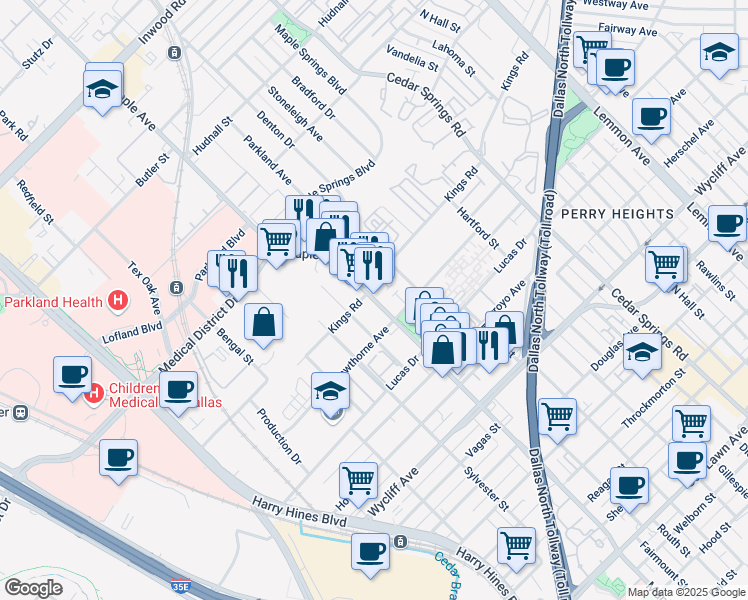 map of restaurants, bars, coffee shops, grocery stores, and more near Maple Avenue in Dallas