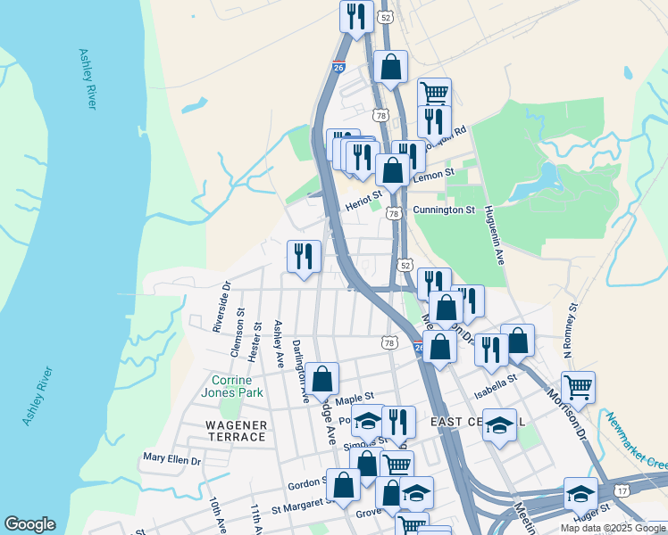 map of restaurants, bars, coffee shops, grocery stores, and more near 2134 Weaver Street in Charleston