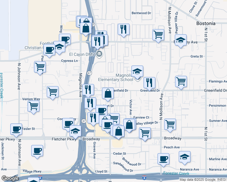 map of restaurants, bars, coffee shops, grocery stores, and more near 400 Greenfield Drive in El Cajon