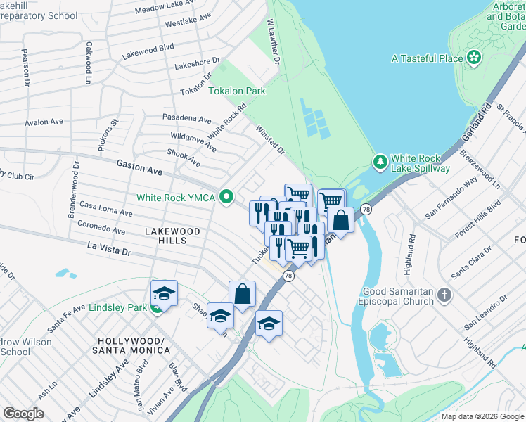 map of restaurants, bars, coffee shops, grocery stores, and more near 7175 Gaston Avenue in Dallas