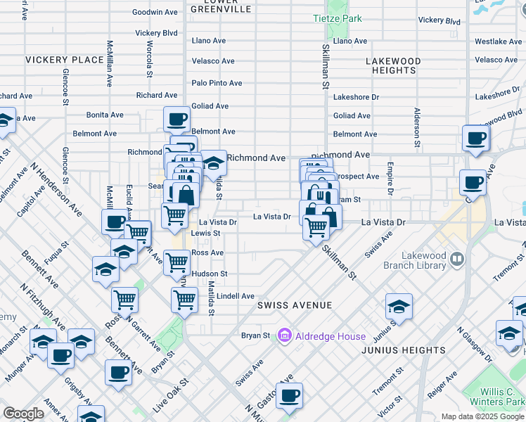 map of restaurants, bars, coffee shops, grocery stores, and more near 5923A Oram Street in Dallas