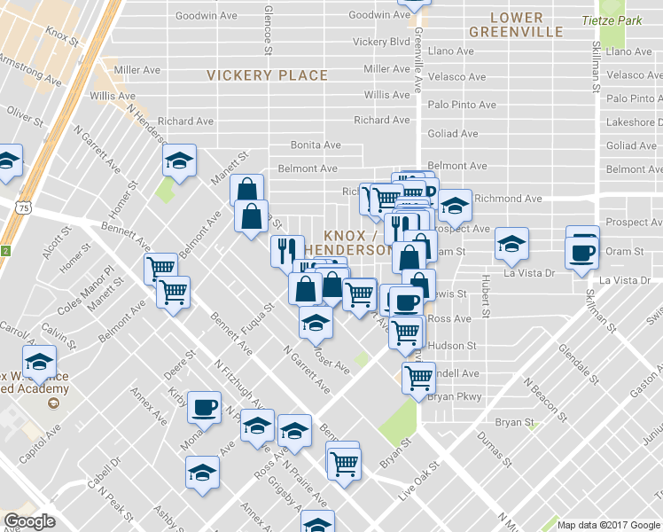 map of restaurants, bars, coffee shops, grocery stores, and more near 1917 Euclid Avenue in Dallas