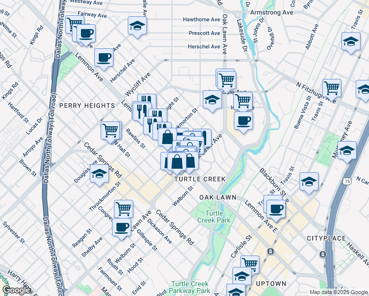 map of restaurants, bars, coffee shops, grocery stores, and more near 3633 Reagan Street in Dallas
