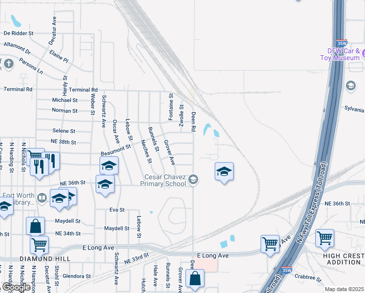 map of restaurants, bars, coffee shops, grocery stores, and more near 2348 Beaumont Street in Fort Worth