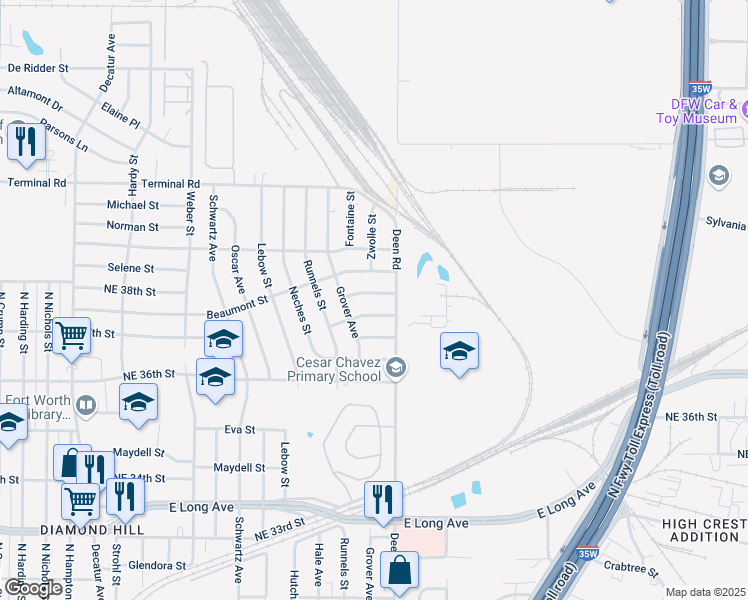 map of restaurants, bars, coffee shops, grocery stores, and more near 2348 Beaumont Street in Fort Worth