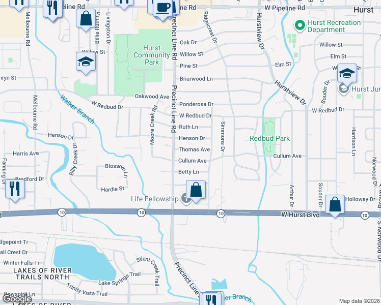 map of restaurants, bars, coffee shops, grocery stores, and more near 757 Henson Drive in Hurst
