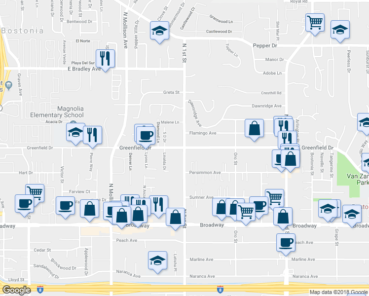 map of restaurants, bars, coffee shops, grocery stores, and more near 1325 North 1st Street in El Cajon