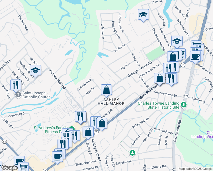 map of restaurants, bars, coffee shops, grocery stores, and more near 1476 Orange Grove Road in Charleston