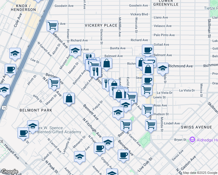map of restaurants, bars, coffee shops, grocery stores, and more near 2212 North Henderson Avenue in Dallas