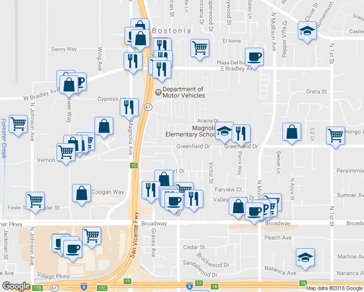 map of restaurants, bars, coffee shops, grocery stores, and more near 490 Greenfield Drive in El Cajon