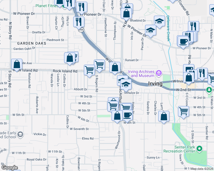 map of restaurants, bars, coffee shops, grocery stores, and more near 1258 Rock Island Road in Irving