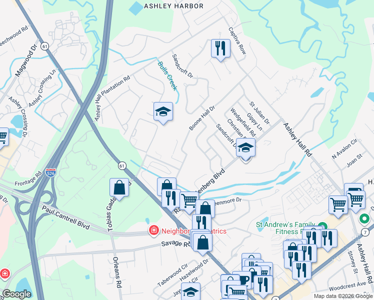 map of restaurants, bars, coffee shops, grocery stores, and more near 1735 Boone Hall Road in Charleston