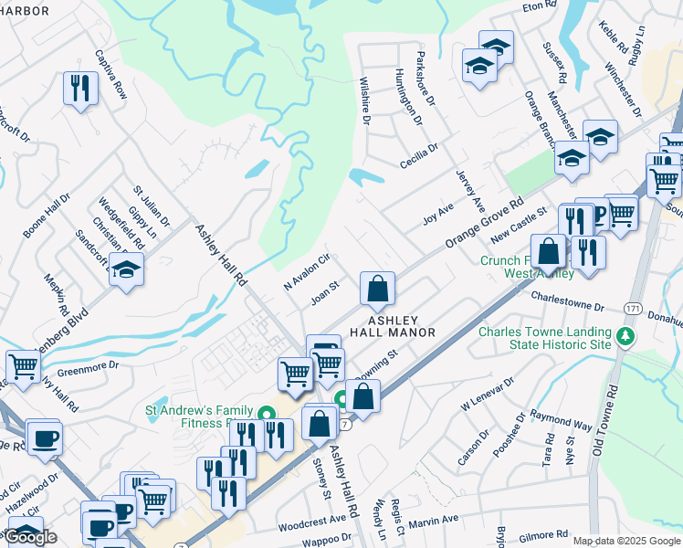 map of restaurants, bars, coffee shops, grocery stores, and more near 1512 Joan Street in Charleston