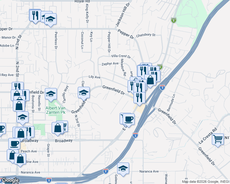 map of restaurants, bars, coffee shops, grocery stores, and more near 1636 Greenfield Drive in El Cajon