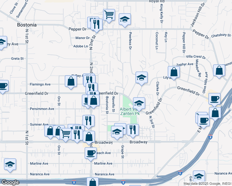 map of restaurants, bars, coffee shops, grocery stores, and more near 1306 Navello Terrace in El Cajon